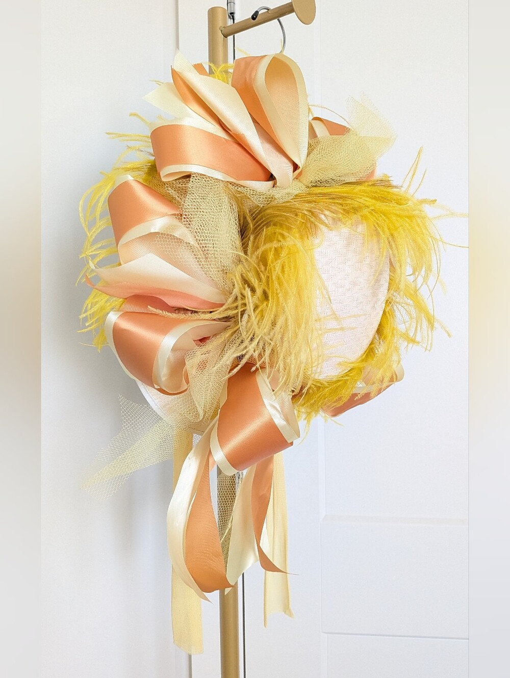 Vintage Kentucky Derby Hat Yellow Ostrich Feather Straw Easter Tea Party-OS